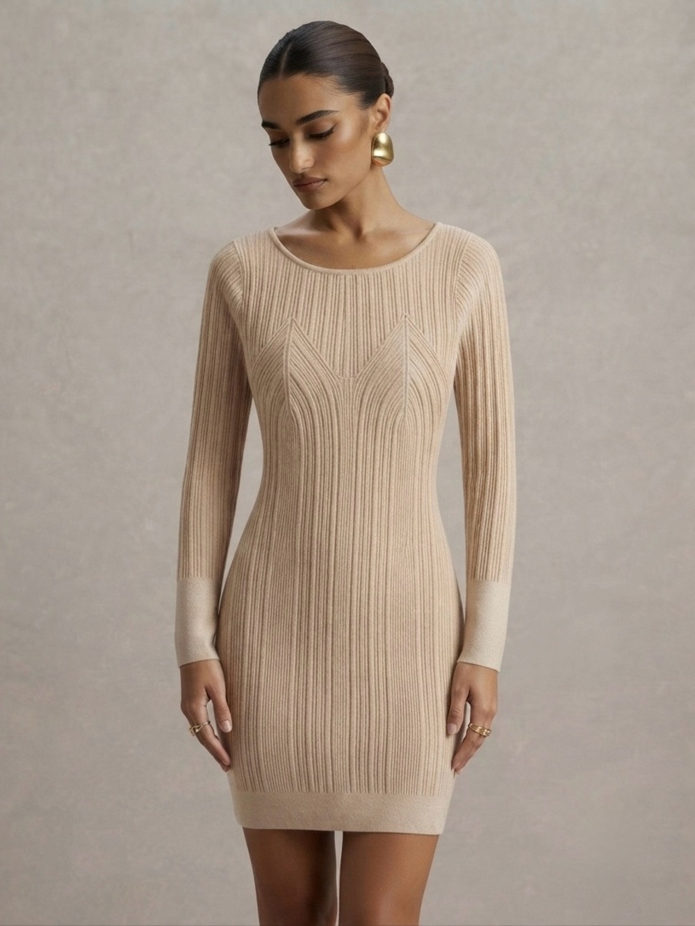 G by Guess Ribbed Long-Sleeve Bodycon Dress in Beige